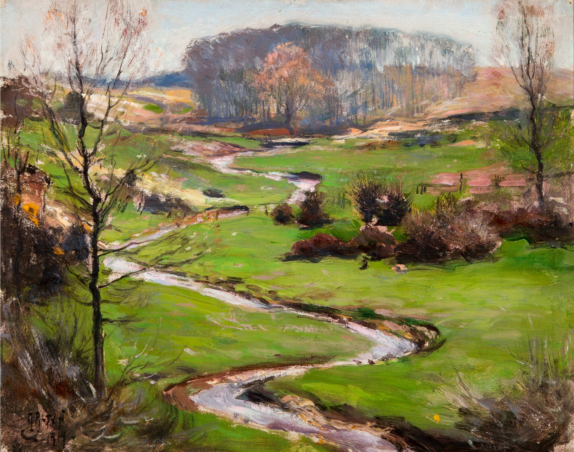Painting of a stream with green grass, trees and bushes on either side.
